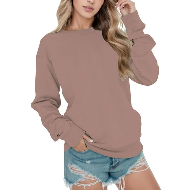 nsendm Womens Sweatshirt Adult Female Clothes Fleece Crop Set Womens Solid  Color Casual Crew Neck Sweatshirt Long Sleeve Top Cute Pullover Loose