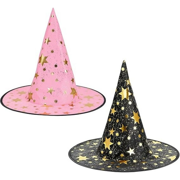 2 Pack Halloween Star Hat Pointed Hat Wide Brim Wizard Hat Witch Hat Magician Hat for Halloween Party Masquerade Balls (Black Pink)