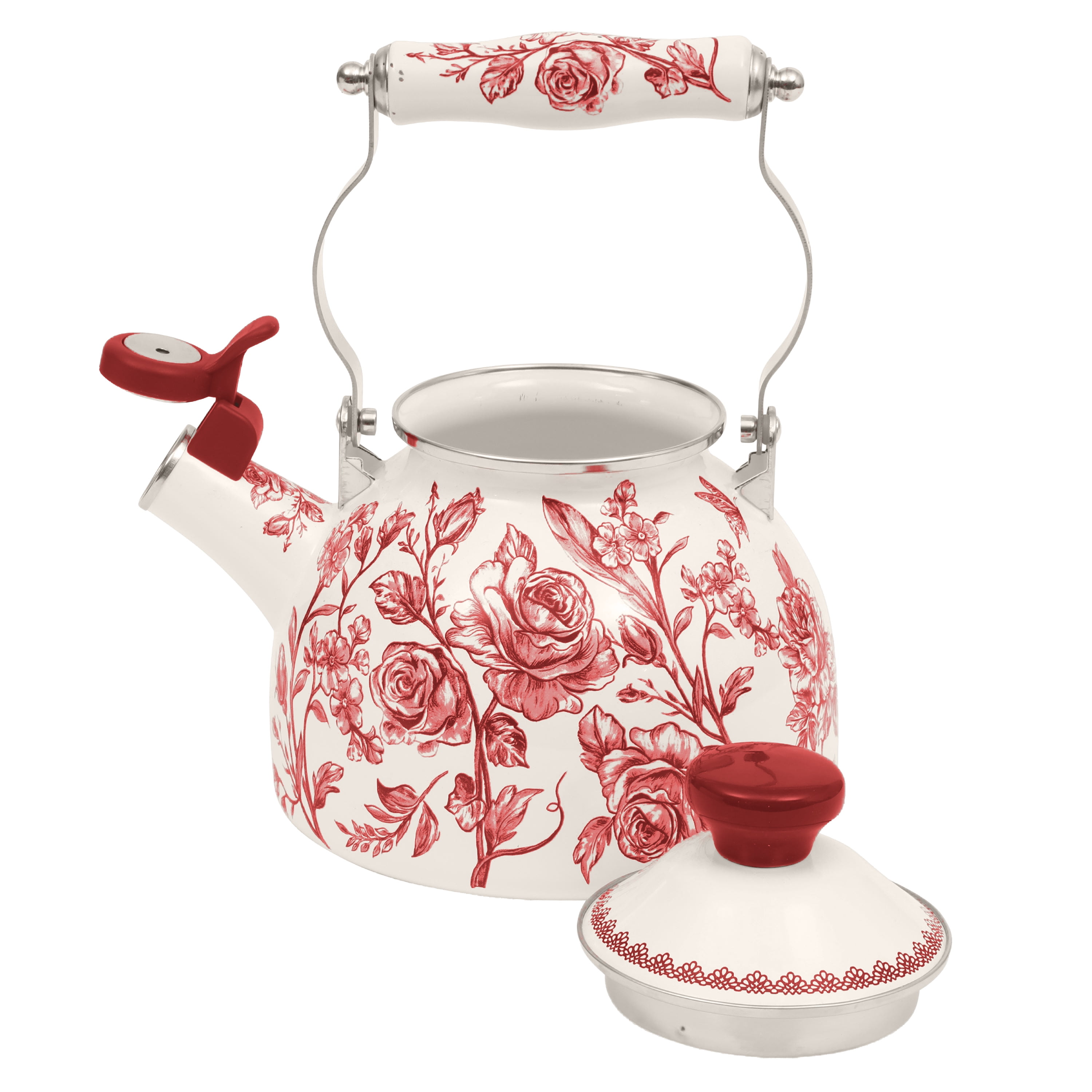 The Pioneer Woman Agatha 2.0-Quart Enamel on Steel Tea Kettle with Lid, Red