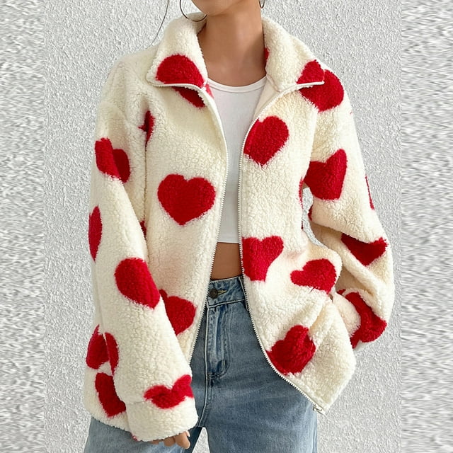 WRKEKC Manteau en Molleton d'Automne et d'Hiver pour Femme, Motif de Cœur, Manches Longues, Fermeture Éclair, Col Montant, Manteau Décontracté en Peluche avec Poches pour Femme, Rouge, G