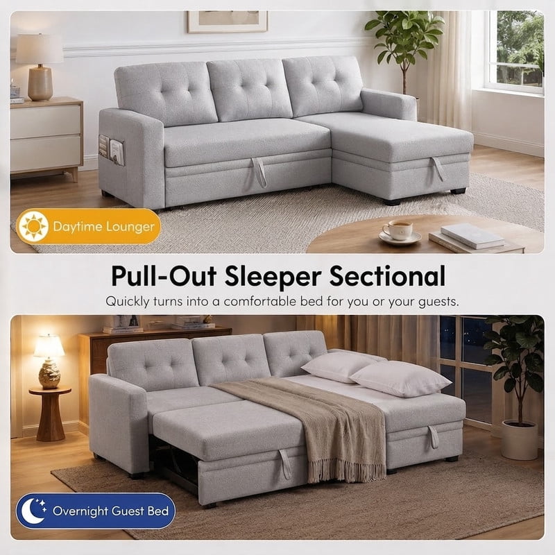 82" L-Shaped Convertible Sleeper Sectional Sofa with Pull-Out Bed, Storage Chaise, Removable Back Cushions, Modular Corner Couch for Living Room, Apartment, Home Office
