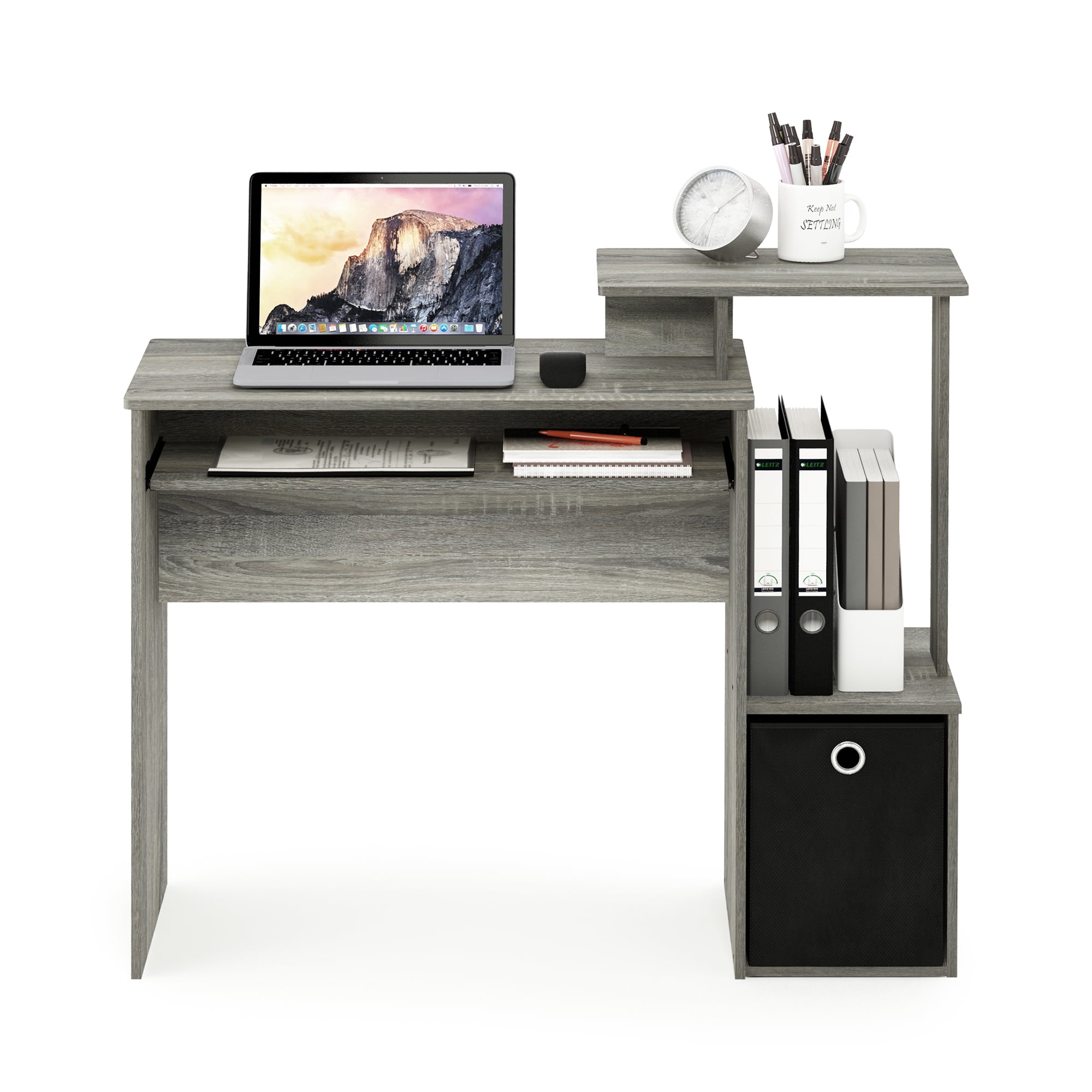 Furinno Econ Multipurpose Home Office Computer Writing Desk with Bin, French Oak Grey, Keyboard Trays, CPU Storage, Drawer