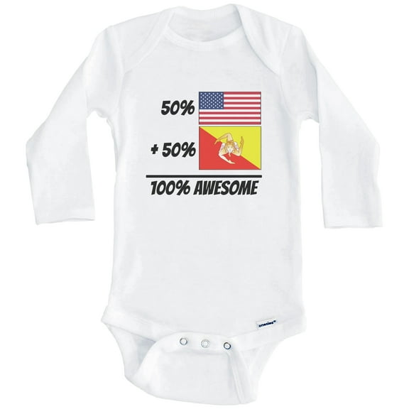 50% American Plus 50% Sicilian Equals 100% Awesome Cute Sicily Flag One Piece Baby Bodysuit (Long Sleeve), 0-3 Months White
