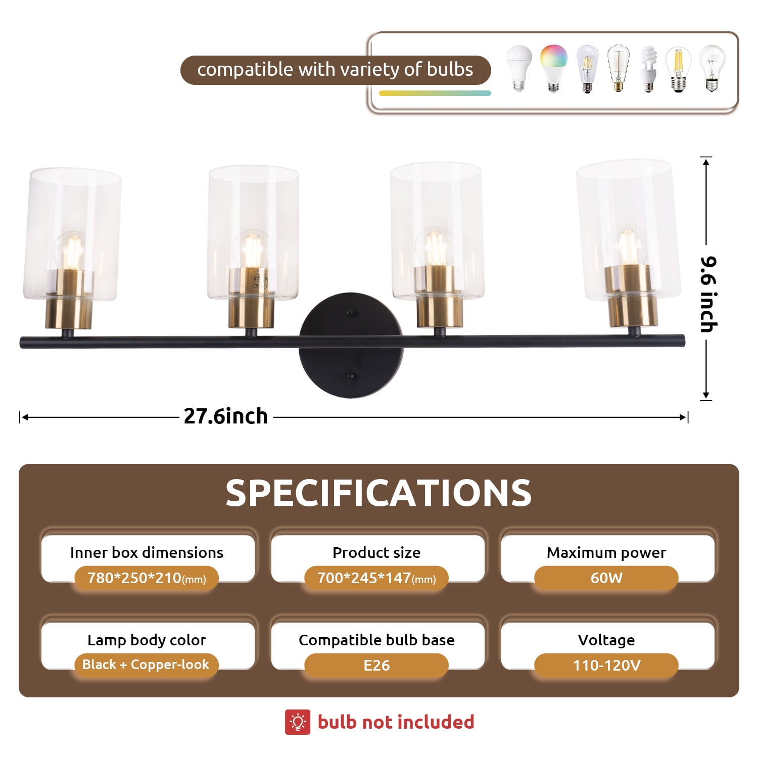 4-light Bathroom Light Fixtures, 27.6" Modern Vanity Lights Over Mirror With Clear Glass Shades, Black & Copper Light Fixture, Classic Wall Light Fixture For Mirror, Bulbs Not Included