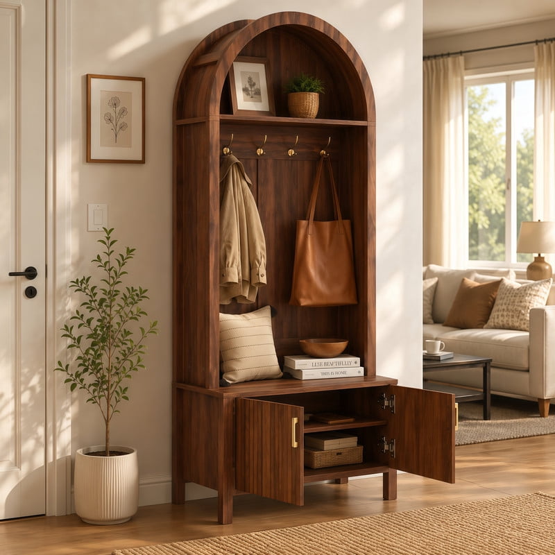 Farmhouse Style Arched Top Hall Tree, Shoe Bench with Storage Cabinet, Coat Rack Organizer with 4 Hooks and 2 Fluted Doors