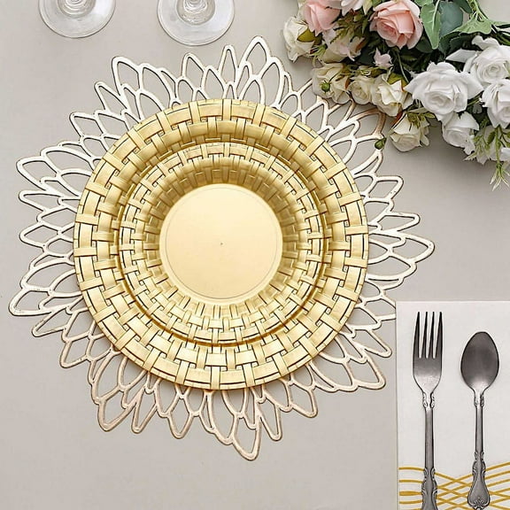 Balsa Circle 10 Pieces 7" Disposable Plastic Round Plates Basketweave Edge Gold