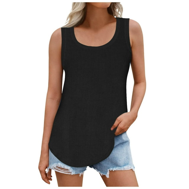Dagugfen Tops for Women Sleeveless Curved Hem Ribbed Comfy Lightweight Casual Round Neck Knit Tank Tops