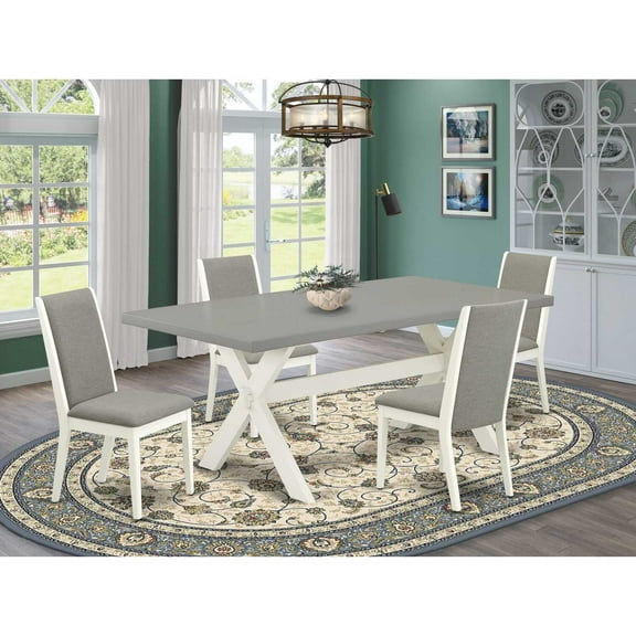 East West Furniture X097LA206-5 5-Piece Fashionable Dining Room Table Set a Superb Cement Color Wood Table Top and 4 Linen Fabric Wonderful Padded Chairs with Stylish Chair Back, Linen White Finish