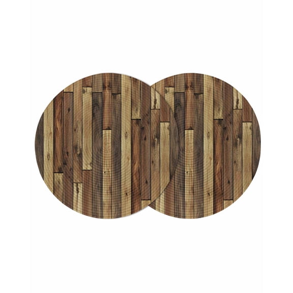 Round Woven Placemats set of 2, Rustic Farmhouse Washable&Heat Resistant Plastic Wipeable Placemats for Round Table Brown Wood Textured Kitchen Dining Table Decor, 15in,