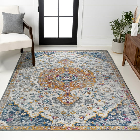 JONATHAN Y MODERN PERSIAN 3 x 5 Area Rug, Lorena Ornate Boho Medallion - Light Gray/Dark Blue/Orange, MDP211A-3