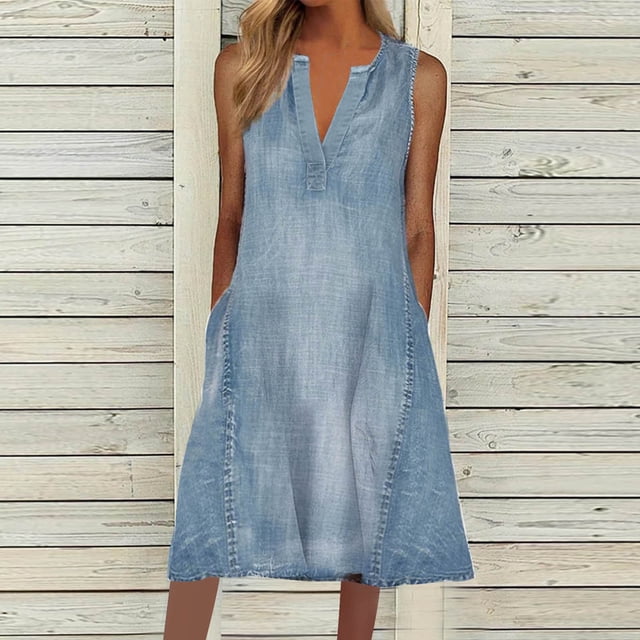 Gspmoly Robes d'Été pour Femmes 2025, Robe Courte Sans Manches Décontractée en Denim Uni à Col en V pour le Printemps et l'Été pour Femmes, Robes Formelles pour Femmes Économies d'Été