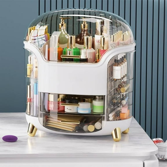 Miserwe Oval makeup organizer cosmetics storage box, makeup organizer for dressing table, cosmetics storage cabinet with transparent cover, suitable for bedroom bathroom organizer