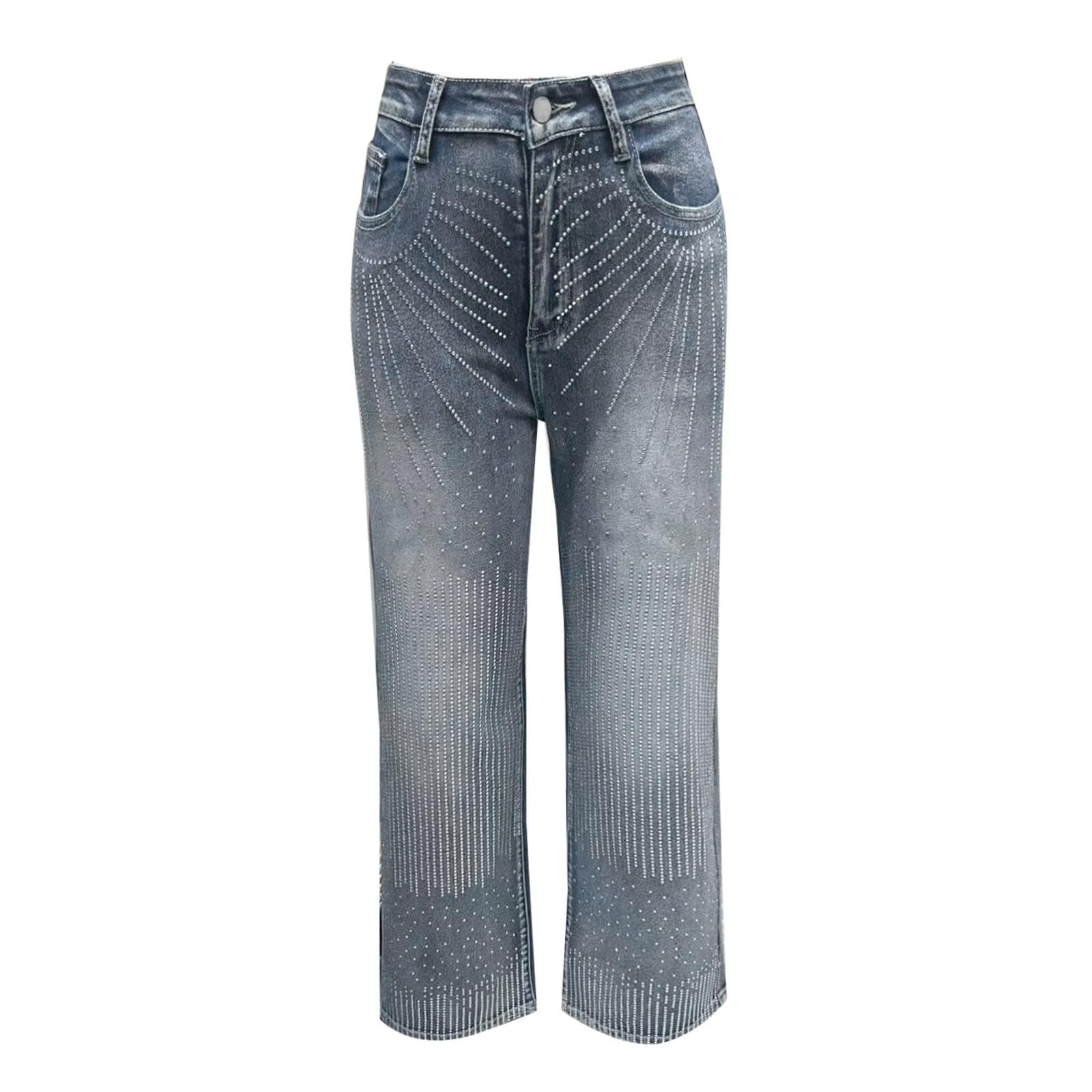 iHPH7 Women's Rhinestone Jeans Baggy High Waisted Y2k Straight Wide Leg Sparkly Glitter Bling Denim Pants Trousers Blue L