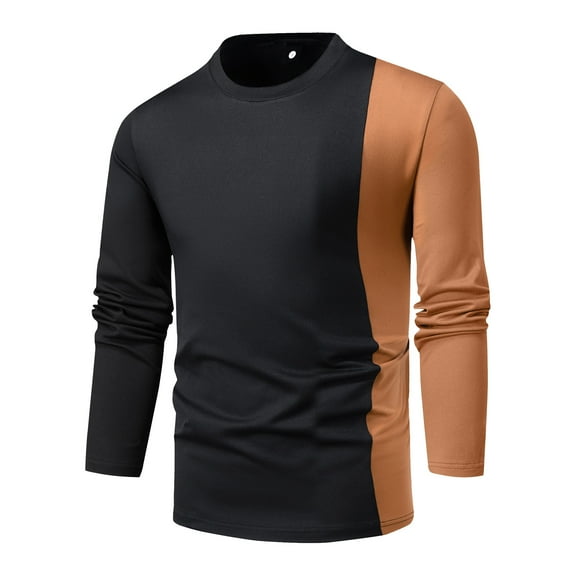 Yaoyar Men's Long Sleeve Cotton Tops Tees for Men Casual Pullover Patchwork Long Sleeve Round Neck T-Shirt Tops,Coffee,S