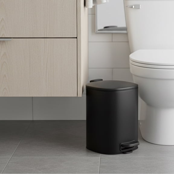 Stylish Black Metal Trash Can with Silent Soft Close Lid, Large 5L - 1.3 Gal Capacity, Durable Foot Pedal for Hands-Free Operation, Modern Square Design - Ideal for Bathroom, Home or Office