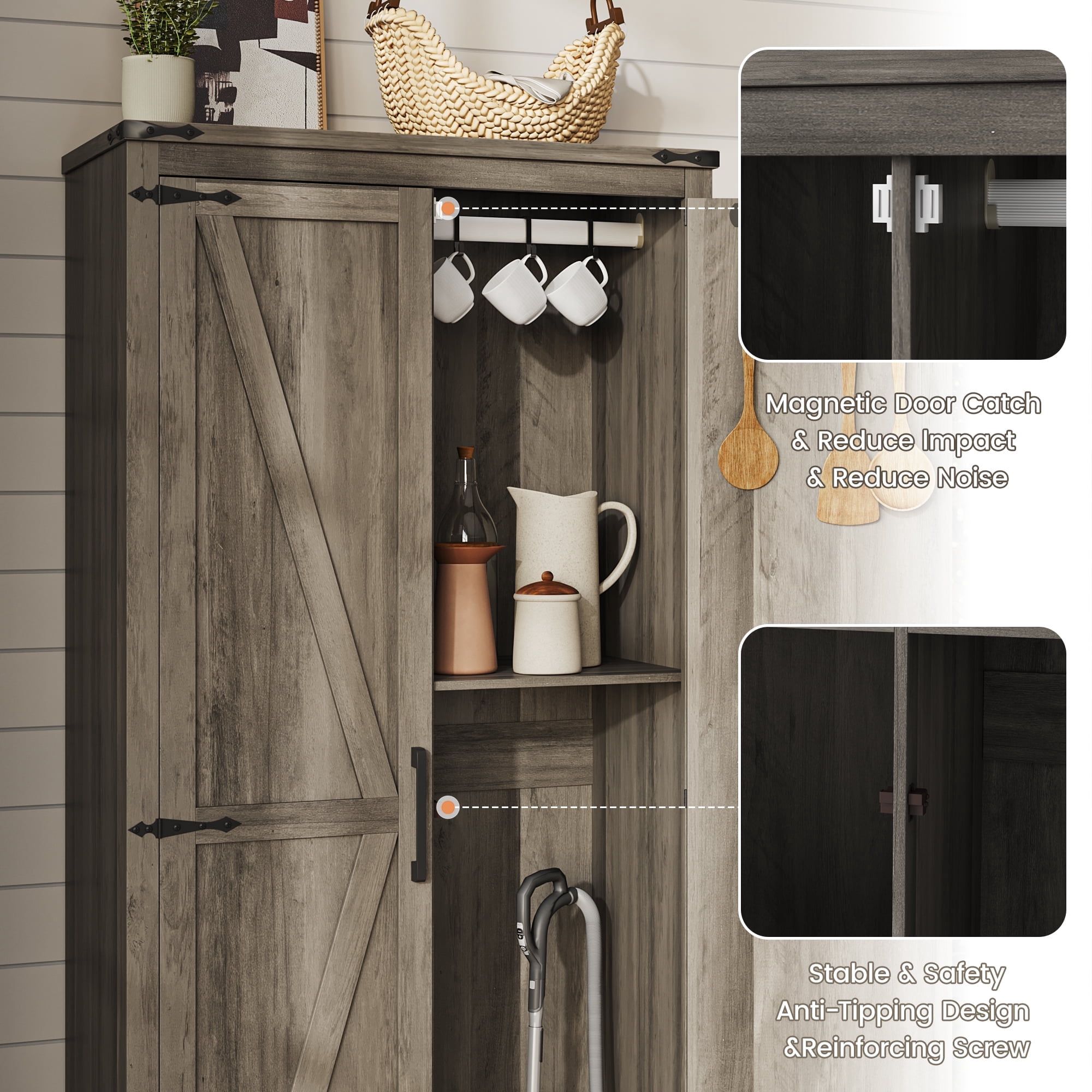 72" H Farmhouse Storage Cabinet with Adjustable Shelves, Large Pantry Organize with 2 Barn Doors, Tall Freestanding Cabinet for Kitchen, Bathroom/Garage/Basement/Living/Utility Room