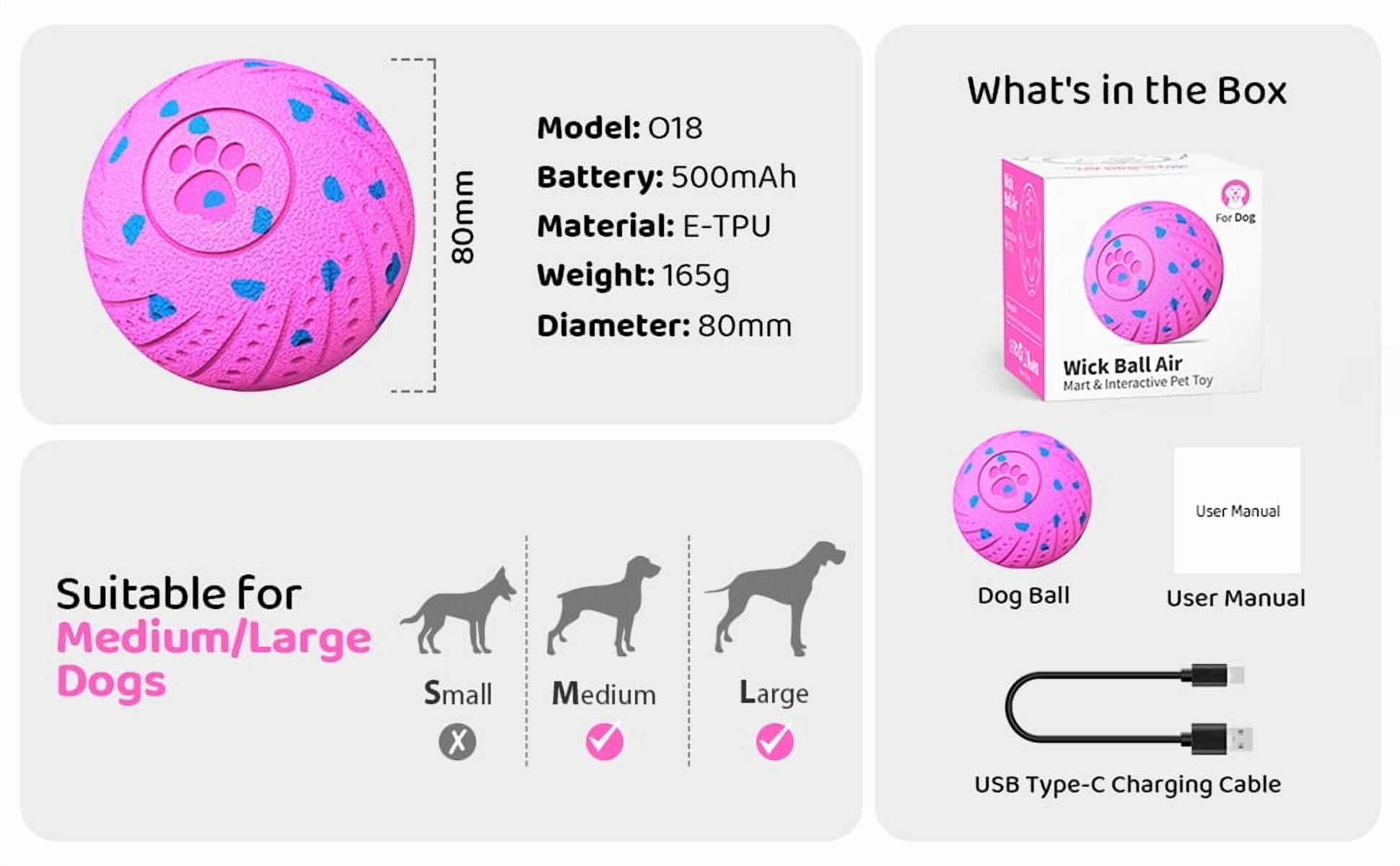 Inadays Dog Toys Interactive Dog Ball Toys For Large Dogs Automatic Ball for Dogs Chew Resistant Rechargeable E-TPU Silent Foam IPX54 Waterproof Dog Toys for Medium/Large Dogs,Pink
