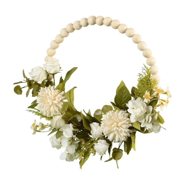 Corona de flores artificiales para puerta, guirnalda de cuentas de madera colgantes, corona de primavera, vegetación Blanco