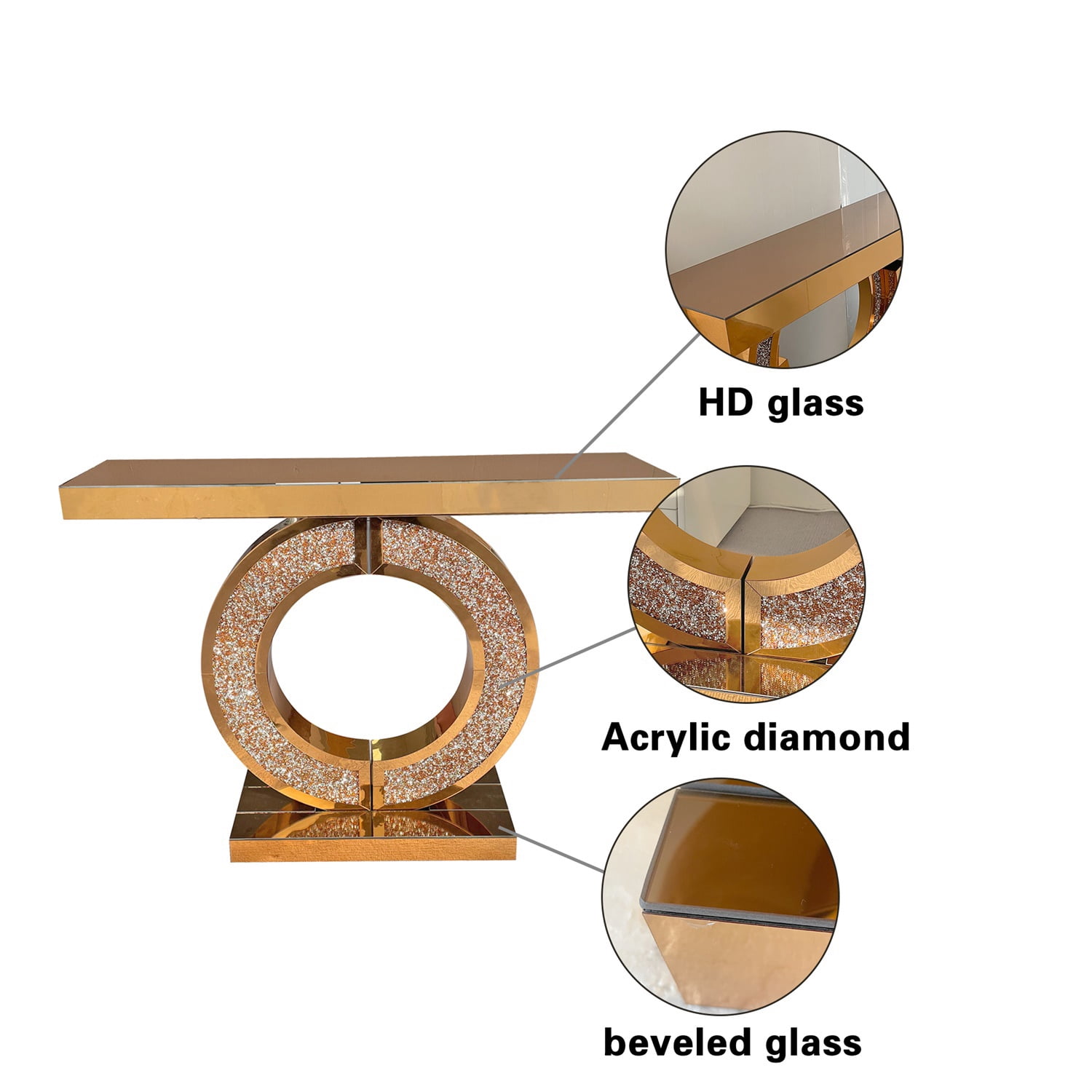 Hommoo Modern O-Shaped Mirrored Glass Console Table with Crushed diamond Inlay, Handicrafts Mirror Table for Hallway Entry, Living Room, Brown