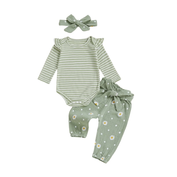 Traje de Manga Larga para las Niñas Rayas de Manga Volante Cuello Redondo Superior, Pantalones de Manga Larga a Rayas con Cintura Elástica Y Banda, Algodón Suave Niños Romper de Bebé