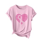 purcolt Breast Cancer Awareness Shirts for Women Crewneck Short Sleeves Pink Heart Ribbons T-Shirt Breast Cancer Gifts for Woman
