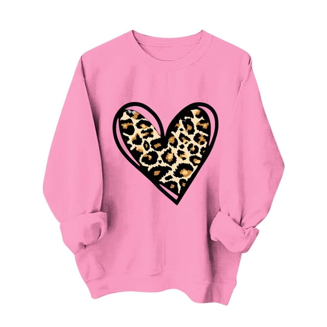 Hauts Romantiques pour Femmes 2026, Chandail en Molleton Léopard à Col Rond Confortable, Tenues de Mode de la Saint-Valentin à Manches Longues, T-Shirts d'Amour Décontractés, Vêtements Quotidiens Doux