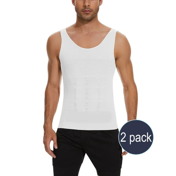 QRIC 2 Pack Mens Compression Shirts Shapewear Tank Top Slimming Body Shaper Vest Shirts Abs Slim Gym | White*2-M
