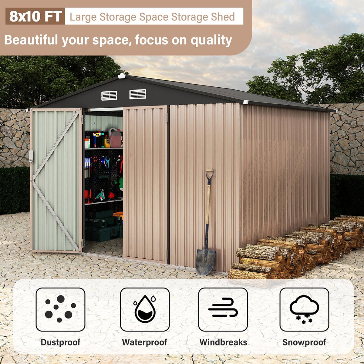 8x10 FT Metal Storage Sheds Outdoor,Metal ToolShed with Lockable Door,Metals Yard Sheds MetalGarden Shed Kit,Metals Utility Sheds Buildings with Air Vent for Backyard Garden Patio Lawn,ship in 2 boxes