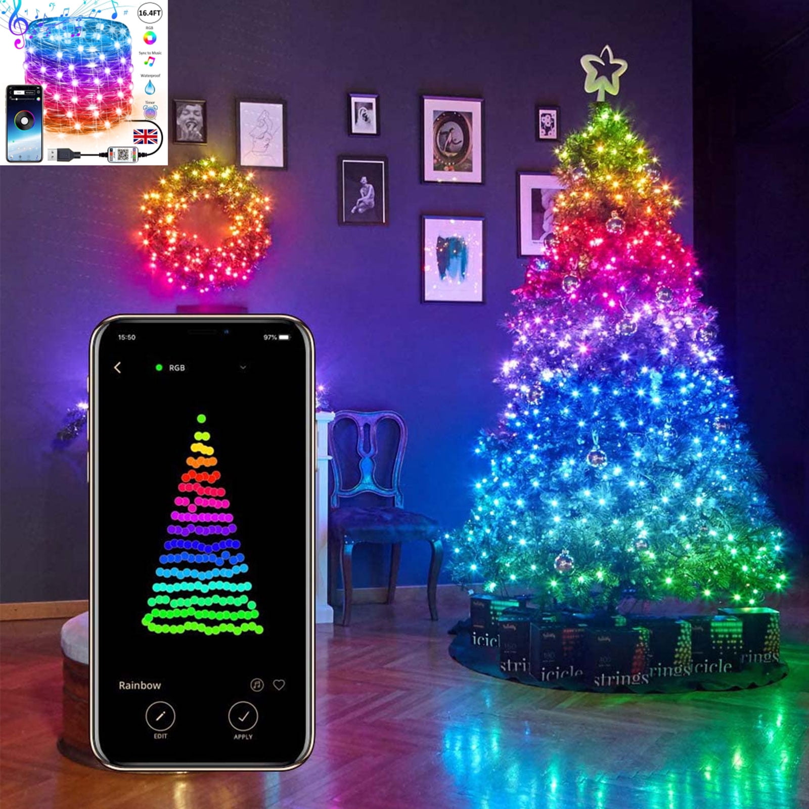 NEW Christmas Tree Decoration Customizable app remote control LED String Lights. 