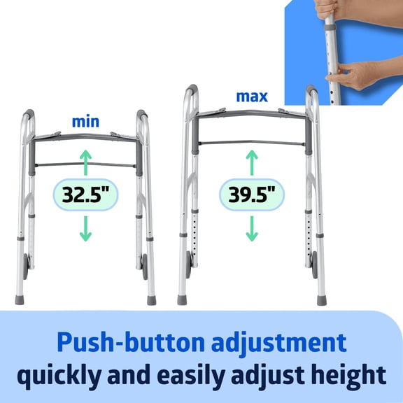 Medline Lightweight Folding Walkers for Adults with 5 in Wheels, Steel Frame Supports up to 400 lbs