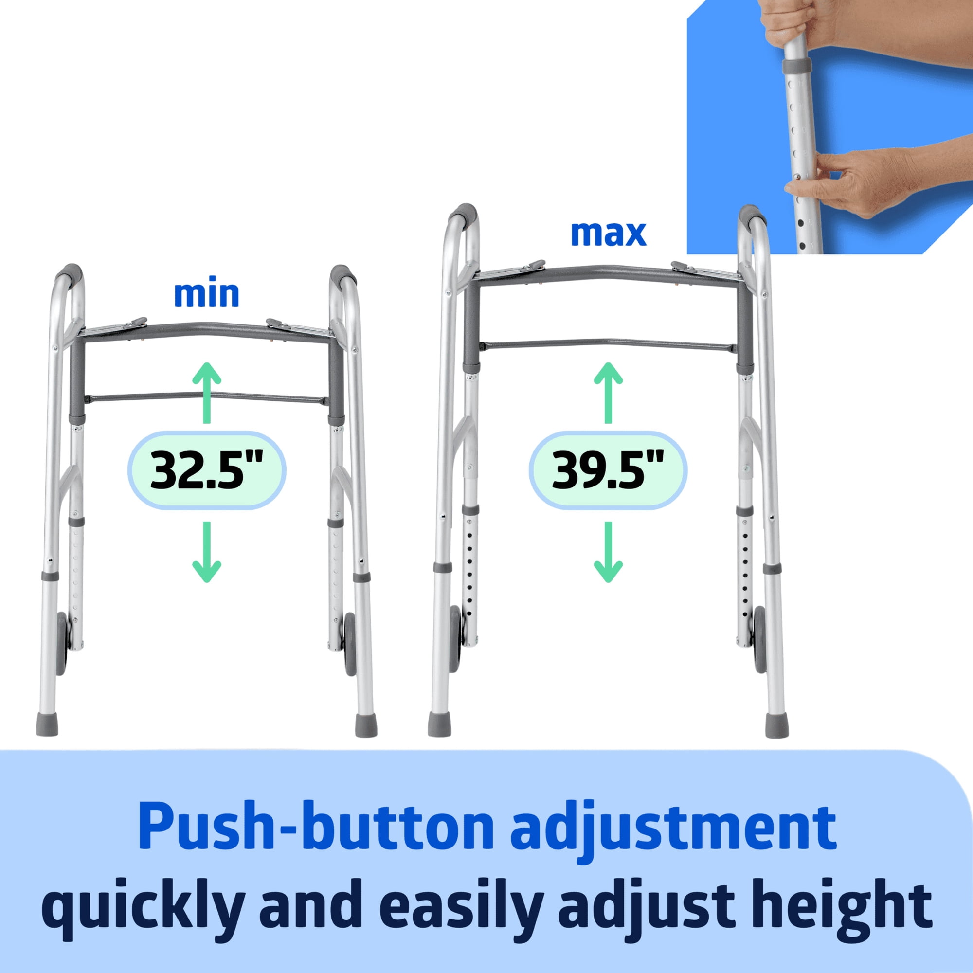 Medline Lightweight Folding Walkers for Adults with 5 in Wheels, Steel Frame Supports up to 400 lbs