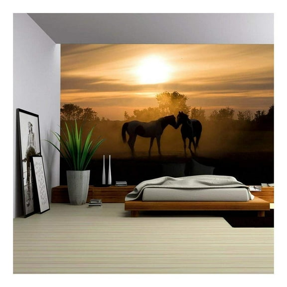 wall26 - Silhoutte Horses in Love in The Netherlands at Sunset - Removable Wall Mural | Self-Adhesive Large Wallpaper - 66x96 inches