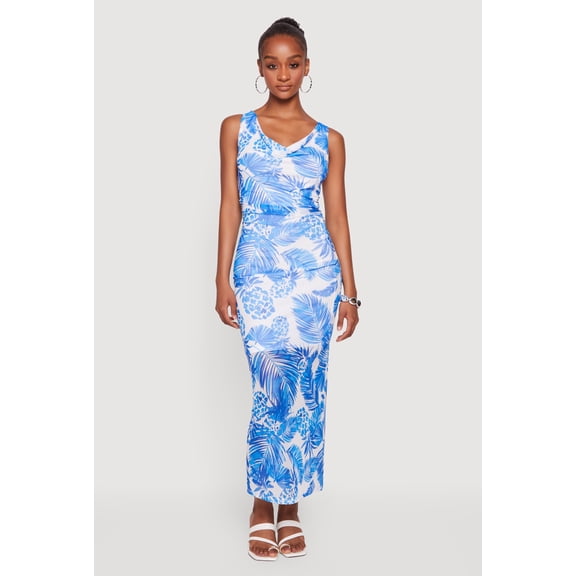 Women's Pineapple Print Cowl Neck Sleeveless Mesh Maxi Dress