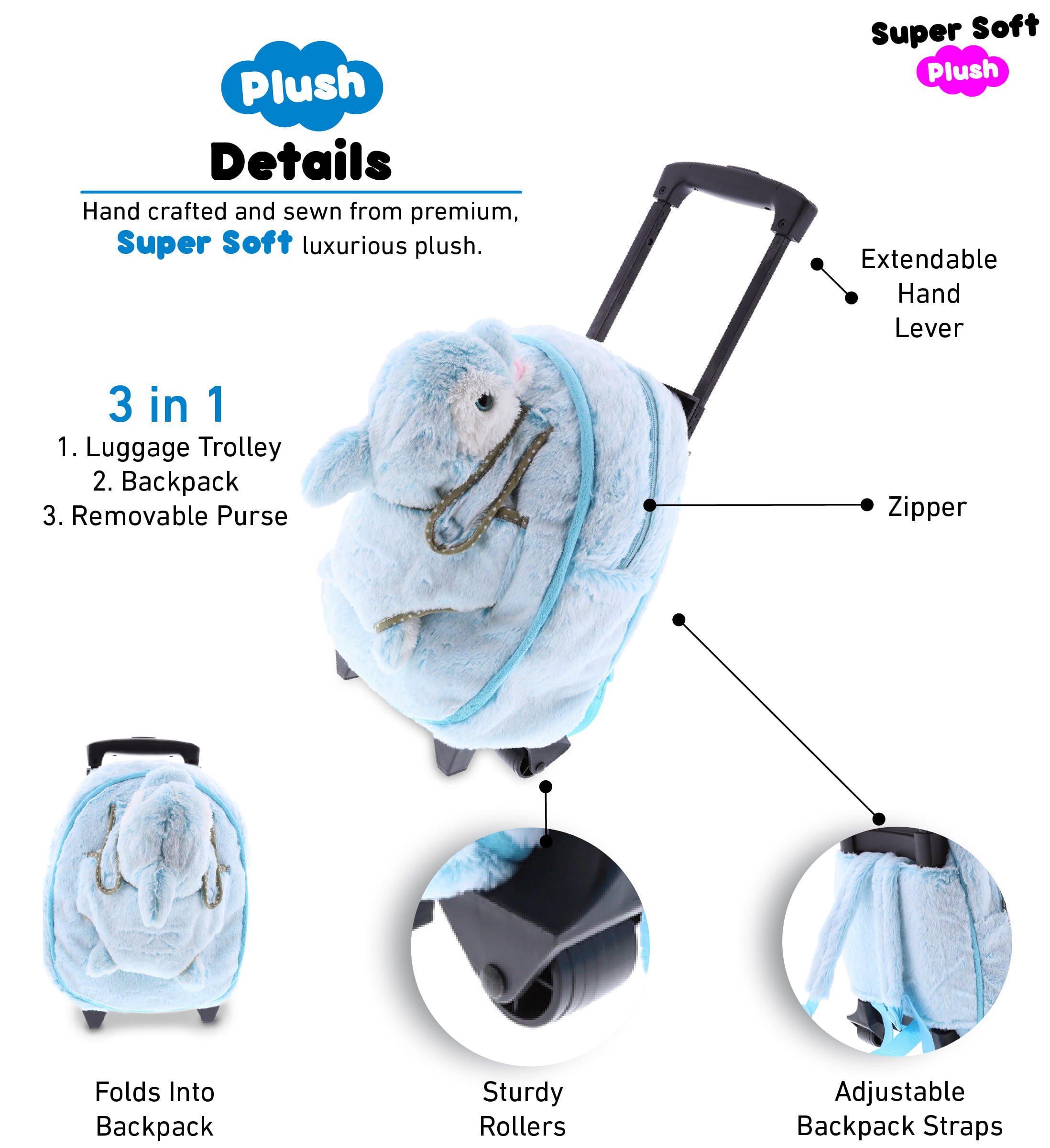 DolliBu Dolphin Plush Trolley & Purse Set - 3-in-1 Kids Trolley, Backpack,  & Blue Dolphin Purse, Soft Plush Backpack on Wheels, School Rolling Bag,  Travel Luggage with Removable Plush Toy Purse 