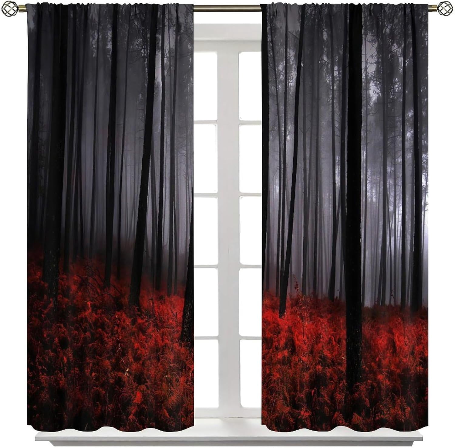 Misty Forest Blackout Curtains, Natural Landscape Dark Jungle Red Lawn Pattern Printed Curtains for Bedroom Living Room Insulation Curtains 84x84 Inch