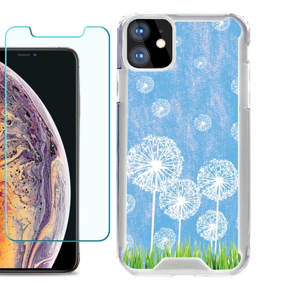For Apple iPhone 11 Case, Hybrid Bumper Phone Case, with Tempered Glass Screen Protector, by OneToughShield ® - Dandelion Sky