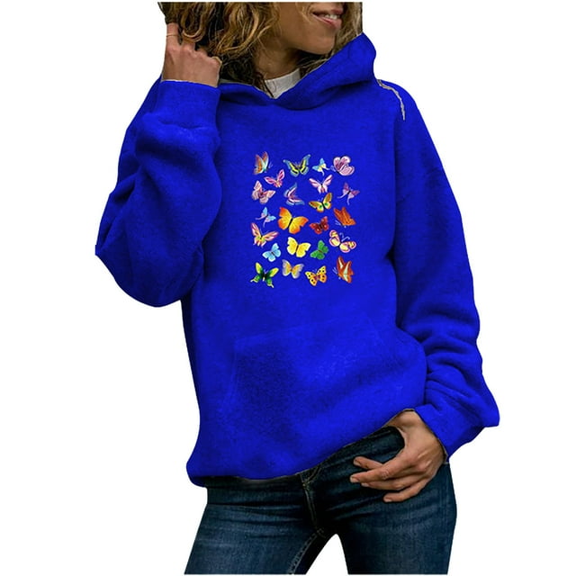 Chandail à Capuche Femme Mode Femme Manches Longues Imprimé Papillon Poche à Capuche Chandail Décontracté Haut Manches Longues pour Femme Vêtements de Mode