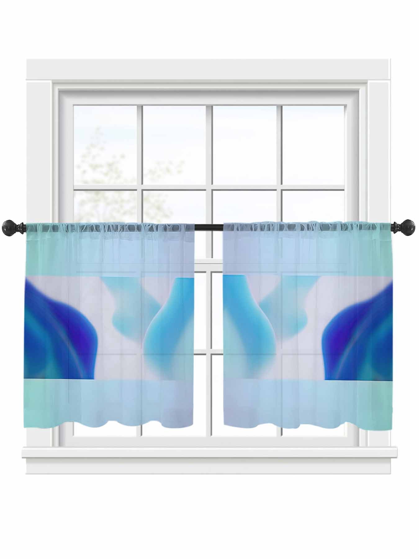 Blue Abstrac Sheer Curtains 45 inches Long 2 Panels Set Tiers Sheers Rod Pocket Small Window Short Curtains for Kitchen Cafe, Each 52" W x 45" L