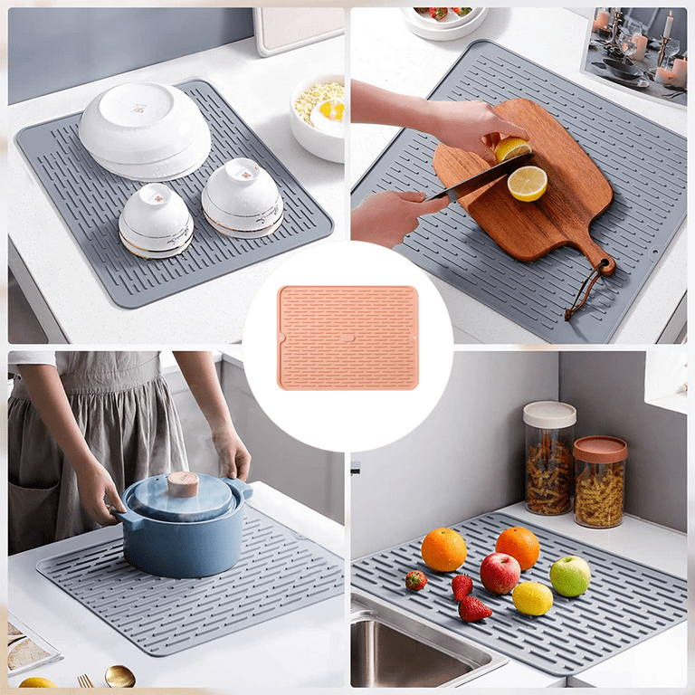 Dish Drying Mat for Kitchen Counter, Large Eco-Friendly Silicone Drying Mat,  Easy Clean Heat Resistant Dish Mat, 11.8 inches x 15.7 inches, Gray 