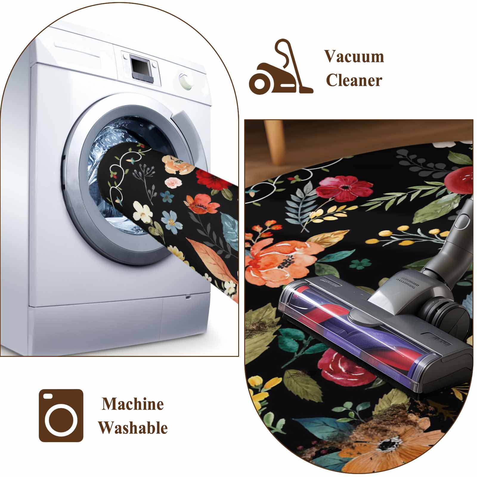 Watercolor Flowers 2'x6' Runner Rugs for Hallway Kitchen Bedside Non Slip Washable, Farmhouse Floral Vintage Black Entryway Rug Runners with Rubber Backing, Long Carpet Runner for Laundry Room