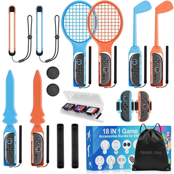 Switch 2 Sports Accessories Bundle, 18 in 1 Family Accessories Kit for Nintendo Switch 2/Switch OLED with Wristbands, Short straps , Long straps, Hand rope , Tennis racket , Golf racket, Joystick