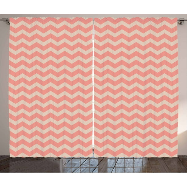 Peach Curtains 2 Panels Set, Zigzag Chevron Pattern Geometric Soft