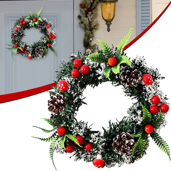 7.87‑inch Handmade Artificial Christmas Front Door Wreath, Red Berries Pinecone Mushroom Fern Decor Wreath, Holiday Wreath for Home indoor Outdoor Display