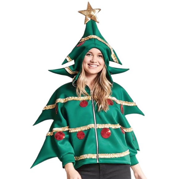 SUNSIOM Christmas Tree Costume for Women, Sequins Green Christmas Tree Costumes Hoodies Sweatshirts Christmas Cosplay Outfit