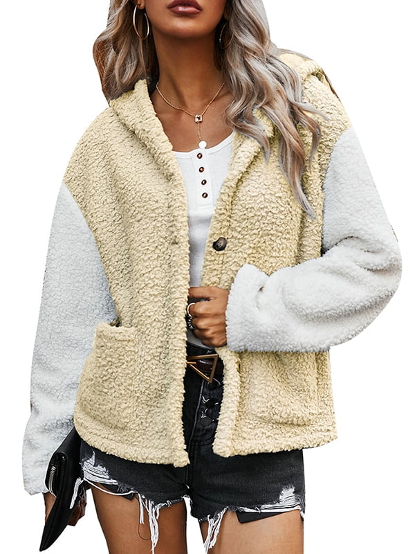 Teddy Bear Jacket Womens Casual Pure Color Fleece Hooded Tunic Button Down Cute Hoodie Winter Warm Coat Outerwear