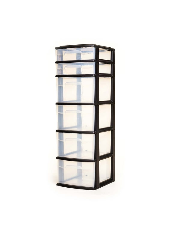 Homz Medium 6 Drawer Plastic Organizer Storage Drawers, Clear/Black Frame