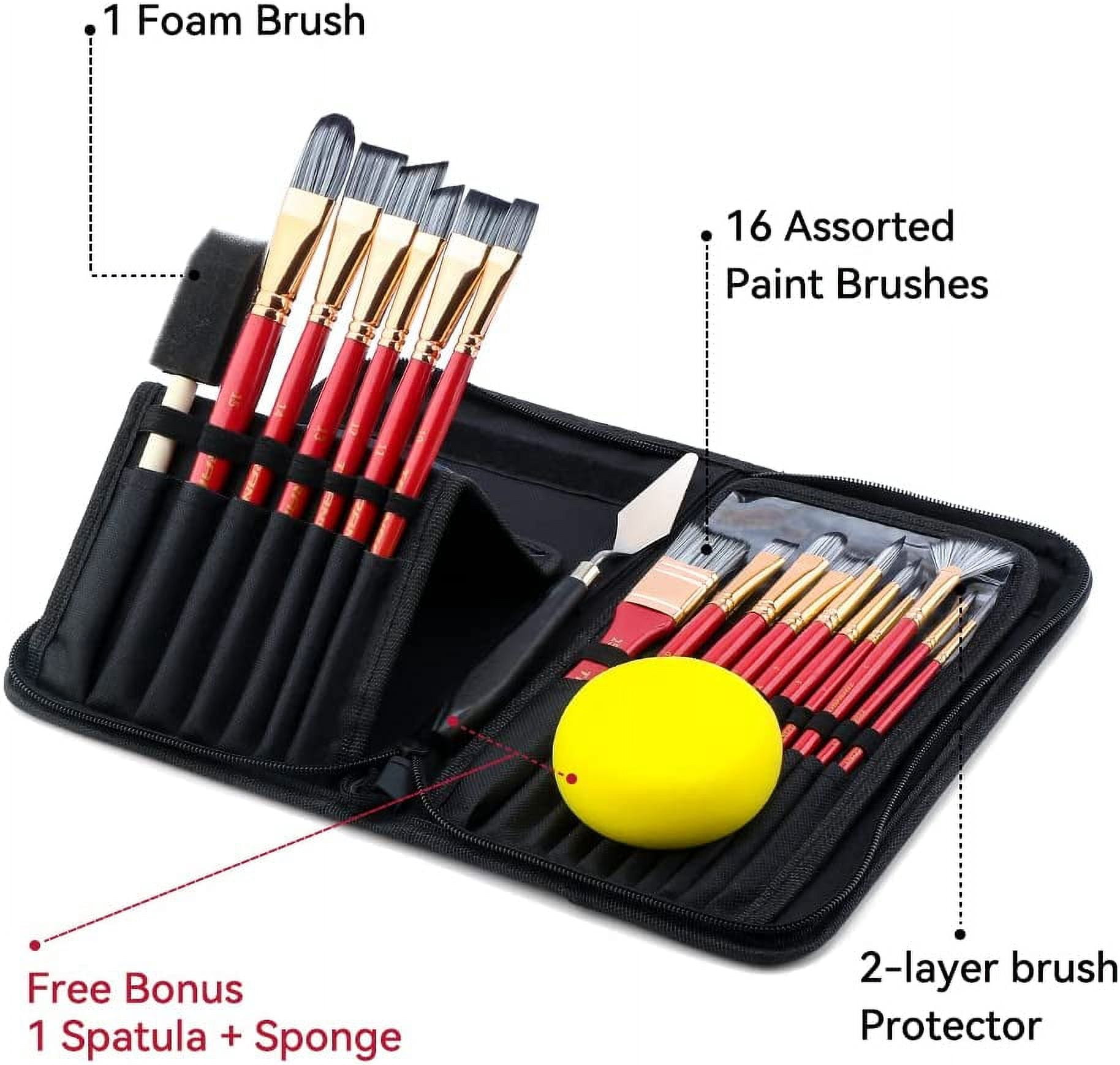 JJEAN-Transon Art Paint Brush Kit 16 Paint Brushes with Foam Brush Sponge Spatula and Brush Case for Oil, Acrylic, Watercolor, Gouache, Painting Pink Color