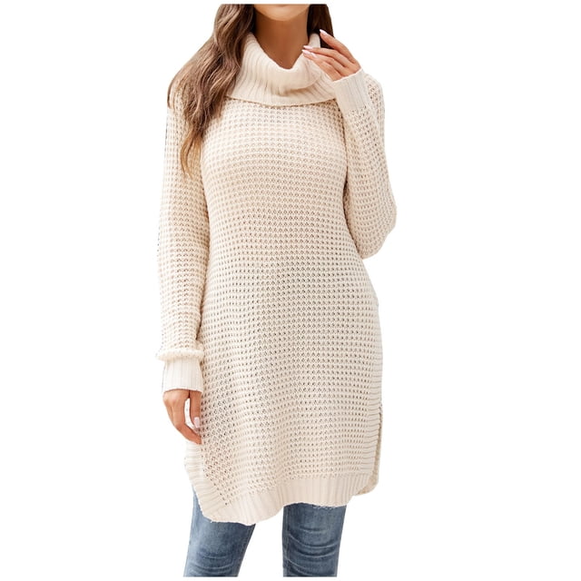 Yuyuzo Women Sweaters Short Dress Long Sleeve Turtleneck Slit Hem Ribble Knit Solid Color Basic Mini Dress
