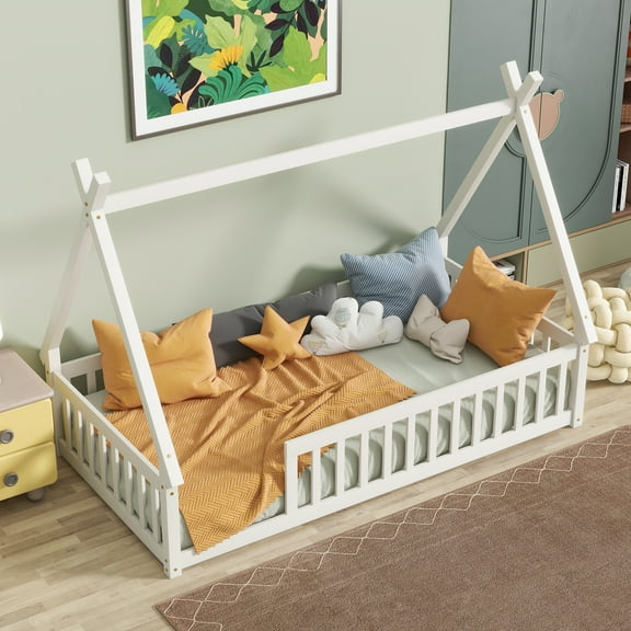 Miniyam Twin Size Floor Bed for Kids with Tent House Frame, Montessori Low Bed with Guardrails, White