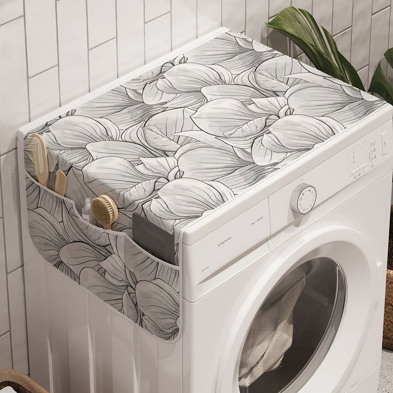 Floral Washing Machine Organizer, Monochrome Style Modern Composition with  Hand-Drawn Magnolia Petals, Anti-slip Fabric Top Cover for Washer and